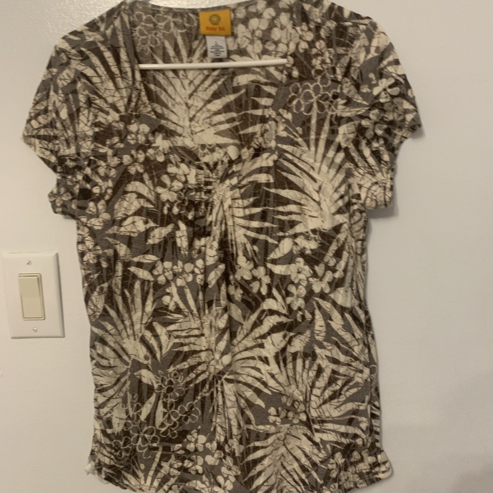 Ruby Rd Womens Floral Palm Print Blouse Size L Short Sleeve Layered Shell Top